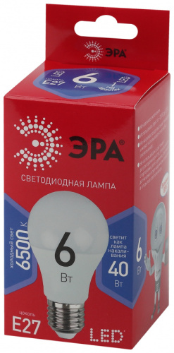 ЭРА Лампа светодиодная LED A60-6W-865-E27 R   (диод, груша, 6Вт, хол, E27)  (10/100/1500)  (Б0045322)