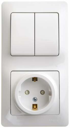 SCHNEIDER ELECTRIC Блок: розетка с заземлением со шторками + выключатель двухклавишный белый (GSL000174)