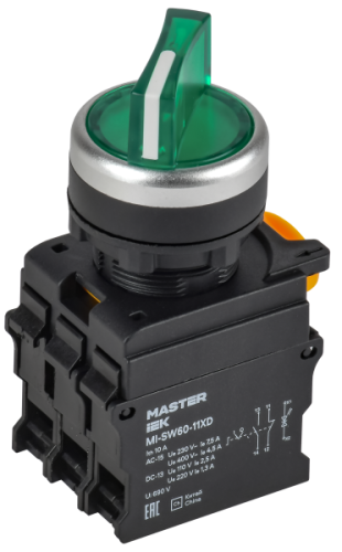 IEK Переключатель с подсвесткой на 2 положения 1NO+1NC зелёный MASTER  (MI-SW60-11XD-3-14-2-K06)