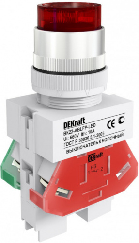 DEKRAFT Выключатель кнопочный ВK-22 с фиксацией ABFP диам. 22мм красный LED 220В (25136DEK)