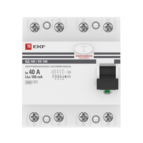 EKF Выключатель дифференциального тока  (УЗО)  ВД-100 4P 40А/100мА  (электромеханическое)  PROxima (elcb-4-40-100-em-pro) фото 2
