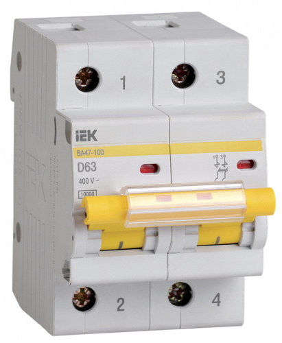 IEK Выключатель автоматический двухполюсный 63А D ВА47-100 10кА (MVA40-2-063-D)