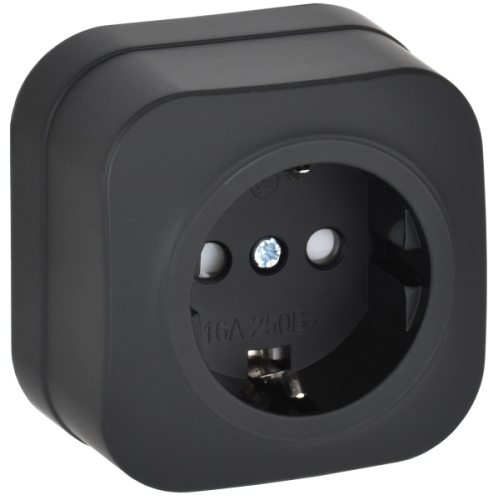 IEK GLORY Розетка 1-местная для открытой установки с заземлением с защитными шторками 16А РСш20-3-ХЧм черный матовый  (ERH14-K02M-16)