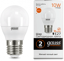 GAUSS Лампа светодиодная LED 10Вт E27 3000K Elementary шар  (53210)