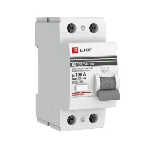 EKF Выключатель дифференциального тока  (УЗО) ВД-100 2P 100А/300мА  (электромеханическое)  PROxima (elcb-2-100-300-em-pro)