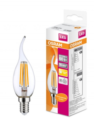 OSRAM Лампа светодиодная LED 5Вт E14 CLB60 тепло-бел, Filament прозр.свеча на ветру OSRAM  (4058075212336)