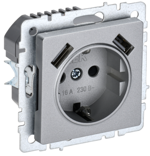IEK BRITE Роз. с з/к/ш 16А с USB A+A 3,1А РЮш10-2-БрА алюм. IEK (BR-R14-16-U21-D31-K47)