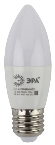 ЭРА Лампа светодиодная LED B35-9W-840-E27   (диод, свеча, 9Вт, нейтр, E27)  (10/100/4000)  (Б0047937)