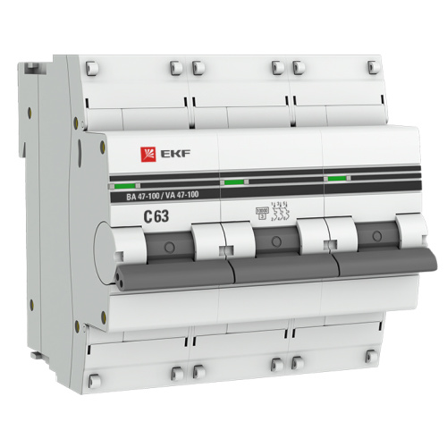 EKF Выключатель автоматический трехполюсный 63А С ВА47-100 10кА PROxima (mcb47100-3-63C-pro)