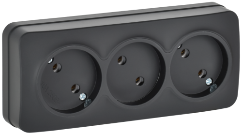 IEK GLORY Розетка 3-местная для открытой установки без заземления без защитных шторок 10А РС23-2-ХЧм черный матовый  (ERH30-K02M-10)