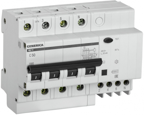 IEK Выключатель автоматический дифференциальный АД14 4Р 50А 30мА GENERICA (MAD15-4-050-C-030)