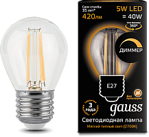 GAUSS Лампа светодиодная LED 5Вт 230в, E27 Filament теплый, dim шар  (105802105-D)