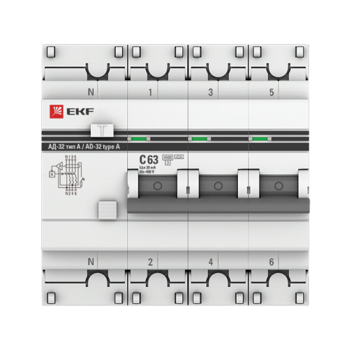 EKF Автомат дифференциальный АД-32 3P+N 63А/30мА  (тип А) PROxima (DA32-63-30-4P-a-pro) фото 3