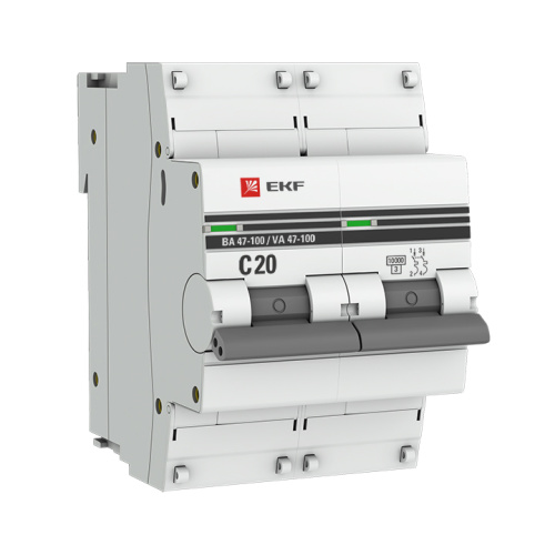 EKF Автоматический выключатель 2P 20А (C) 10kA ВА 47-100  PROxima (mcb47100-2-20C-pro)