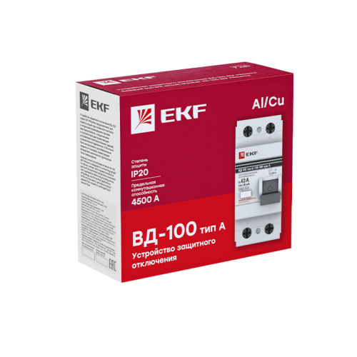 EKF Устройство защитного отключения ВД-100 2P 63А/30мА электромеханический тип A PROxima (elcb-2-63-30-em-a-pro) фото 4