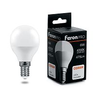 FERON Лампа светодиодная LED 6вт Е14 белый матовый шар FERON .PRO OSRAM (LB-1406) (38066)