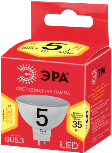 ЭРА Лампа светодиодная ECO LED MR16-5W-827-GU5.3  (диод, софит, 5Вт, тепл, GU5.3)   (10/100/4000)  (Б0019060)