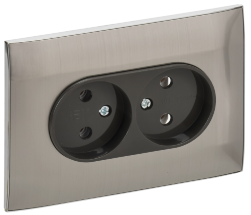 IEK SKANDY Розетка 2-местная без заземления без защитных шторок 10А в сборе SK-R10N никель  (SK-R20-10-K50-F)