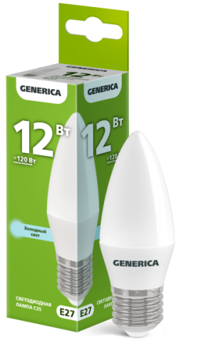 IEK Лампа светодиодная C35 свеча 12Вт 230В 6500К E27 GENERICA (LL-C35-12-230-65-E27-G)