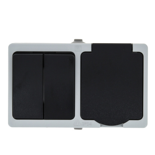 EKF Венеция Блок Розетка-выключатель двухклавишный 16А с заземлением с крышкой IP54 серый с защитными ш (EVRV16-052-30-540) фото 2 EKF Венеция Блок Розетка-выключатель двухклавишный 16А с заземлением с крышкой IP54 серый с защитными ш (EVRV16-052-30-540) фото 2