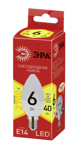ЭРА Лампа светодиодная ECO LED B35-6W-827-E14  (диод, свеча, 6Вт, тепл, E14  (10/100/3500)  (Б0020618)