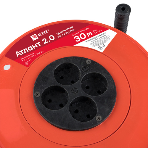 EKF Удлинитель на катушке Атлант 2.0 4 гнезда 30м без заземления ПВС 2x0.75 6А/1.3кВт PROxima (UKA02-06-275-4-30) фото 4