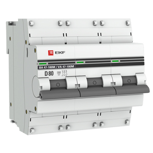 EKF Автоматический выключатель 3P  80А (D) 10kA ВА 47-100M c электромагнитным расцепителем  PROxima (mcb47100m-3-80D-pro)