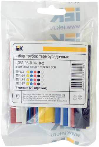 IEK Набор трубок термоусадочных ТТУ 2/1 4/2 6/3 8/4 желтый/синий/красный/черный/белый 20х8см (UDRS-D2-D8-10-2)
