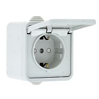 EKF Розетка Прага 1-местная 16А с заземлением с крышкой IP44 белая с защитными шторками (EKR16-029-10-440)