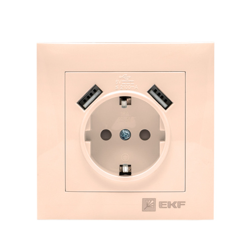 EKF Валенсия розетка 1-местная с/з 16А кремовая с защ. штор. с 2 USB 2,1А EKF PROxima (EWR16-028-20-2USB)