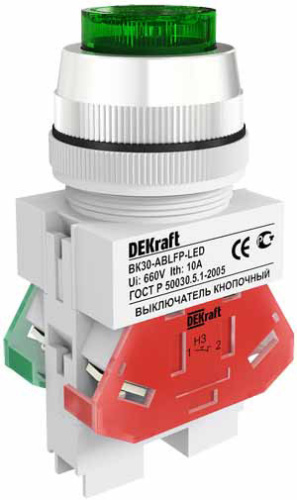 DEKRAFT Выключатель кнопочный ВK-30 ABLFP диам. 30мм зеленый LED 220В (25047DEK)