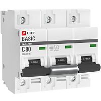 EKF Автоматический выключатель 3P  80А (C) 10kA ВА 47-100  Basic (mcb47100-3-80C-bas)