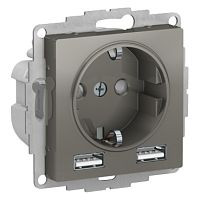 SCHNEIDER ELECTRIC РОЗЕТКА ATLASDESIGN 16А c 2 USB A+A, 5В/2,4 А, 2х5В/1,2 А, механизм, СТАЛЬ (ATN000930)