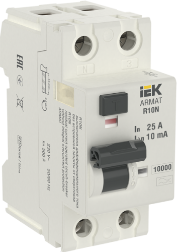 IEK ARMAT Выключатель дифференциального тока R10N (УЗО) 2п 25А 10мА тип A (AR-R10N-2-025A010)