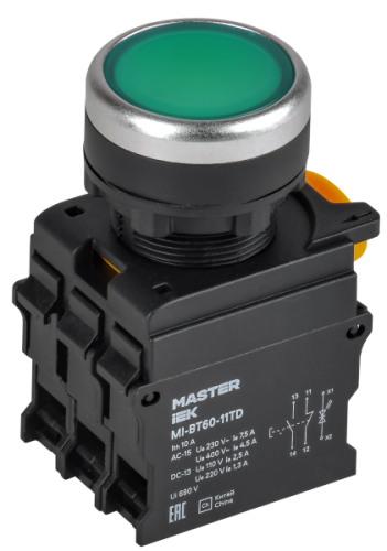 IEK Кнопка с подсветкой и фиксацией d=22мм 1NO+1NC зелёная MASTER  (MI-BT60-11TD-3-11-K06)