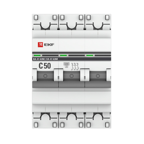 EKF Автоматический выключатель 3P 50А (C) 6кА ВА 47-63M c электромагнитным расцепителем  PROxima (mcb4763m-6-3-50C-pro) фото 2