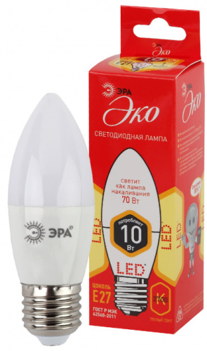 ЭРА Лампа светодиодная LED B35-10W-827-E27,свеча,10Вт,тепл,E27 (Б0032962)
