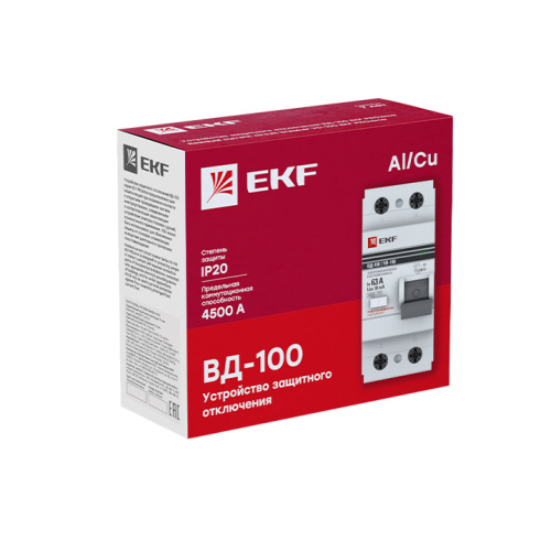 EKF Выключатель дифференциального тока  (УЗО) ВД-100 2P 80А/100мА  (электромеханическое)  PROxima (elcb-2-80-100-em-pro) фото 4