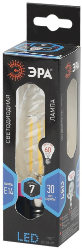 ЭРА Лампа светодиодная филаментная F-LED BTW-7W-840-E14  (филамент, свеча витая, 7Вт, нейтр, E14  (10/100 (Б0027961)