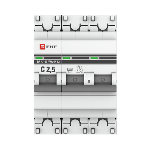 EKF Выключатель автоматический трехполюсный 2.5А С ВА47-63 4.5кА PROxima (mcb4763-3-2.5C-pro) фото 4 EKF Выключатель автоматический трехполюсный 2.5А С ВА47-63 4.5кА PROxima (mcb4763-3-2.5C-pro) фото 4