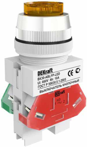 DEKRAFT Выключатель кнопочный ВK-30 ABLFP диам. 30мм желтый LED 220В (25049DEK)