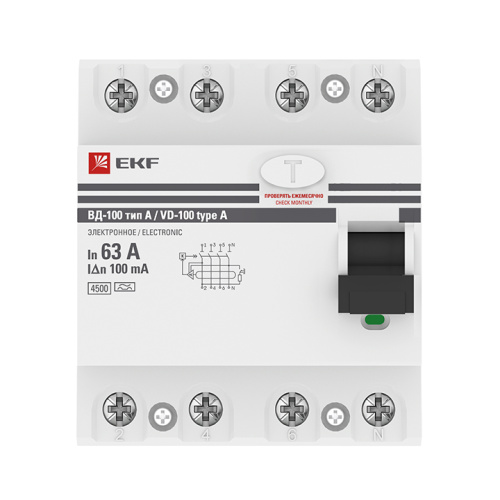 EKF Устройство защитного отключения ВД-100 4P 63А/100мА электронный тип A PROxima (elcb-4-63-100-e-a-pro) фото 2