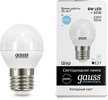 GAUSS Лампа светодиодная LED 6вт 230в, Е27, дневной, шар Elementary (53236)