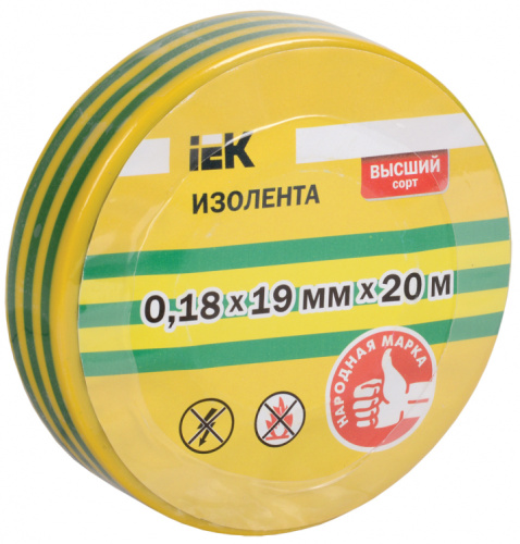 IEK Изолента ПВХ желто-зеленая 19мм 20м (UIZ-18-19-20MS-K52)