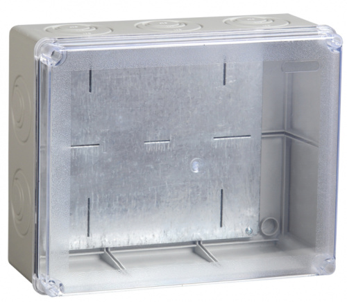 IEK Коробка КМ41346 распаячная для открытой проводки 240х195х90мм IP55 (RAL7035 монтажная плата кабельные вводы 5 шт) (UKO10-240-195-090-K53-55)