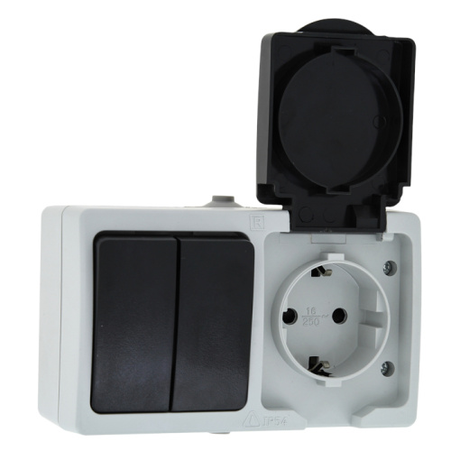 EKF Венеция Блок Розетка-выключатель двухклавишный 16А с заземлением с крышкой IP54 серый с защитными ш (EVRV16-052-30-540) EKF Венеция Блок Розетка-выключатель двухклавишный 16А с заземлением с крышкой IP54 серый с защитными ш (EVRV16-052-30-540)