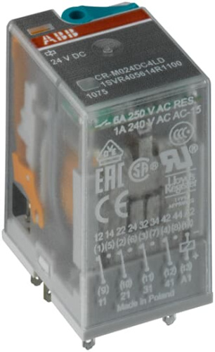 ABB Реле CR-M024AC4LG 24B AC 4ПК (6A), СИД индикация, позолоченные контакты и ограничительный диод (1SVR405618R1400) ABB Реле CR-M024AC4LG 24B AC 4ПК (6A), СИД индикация, позолоченные контакты и ограничительный диод (1SVR405618R1400)