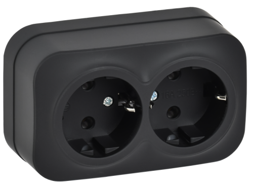 IEK GLORY Розетка 2-местная для открытой установки с заземлением без защитных шторок 16А РС22-3-ХЧм черный матовый  (ERH21-K02M-16)