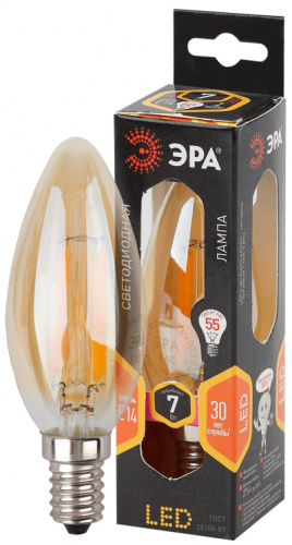 ЭРА Лампа светодиодная филаментная F-LED B35-7W-827-E14 gold  (филамент, свеча золот., 7Вт, тепл, E14  (1 (Б0027964)