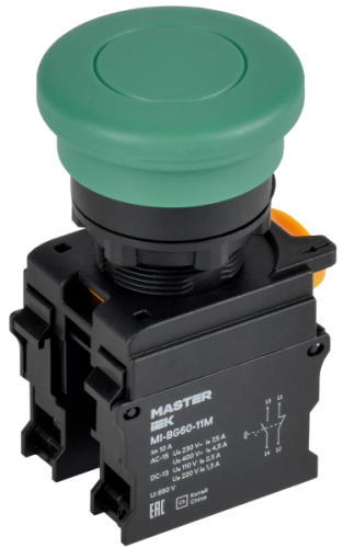 IEK Кнопка ''Грибок'' с фиксацией d=22мм 1NO+1NC зелёная MASTER ' (MI-BG60-11M-3-21-K06)